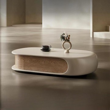 開發票 輕奢實木高級橢圓形茶幾中古風客廳小戶型創意收納柜意式極簡茶幾 快速出貨