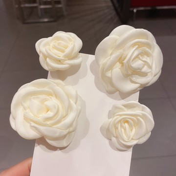 原創米白山茶花發夾法式發圈玫瑰花朵復古仙女新娘發飾發卡