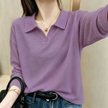 【台灣现貨】100%竹節棉長袖 春秋上衣 長袖上衣POLO衫 女生上衣 長袖t恤 V領t恤 韓版百搭上衣 長袖上衣