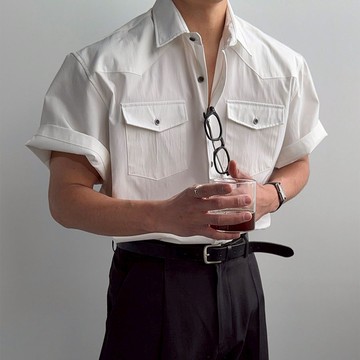 正韓堅挺質感雙口袋線條剪裁寬版短袖襯衫 2色 YUPPIE 預購商品 0427