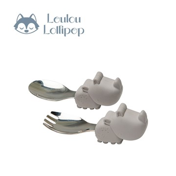 Loulou Lollipop - 動物造型 304不鏽鋼學習訓練叉匙組-害羞犀牛