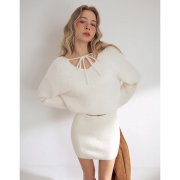 AIR SPACE 前後兩穿V領綁帶長袖短版仿貂毛毛衣(白/藍/粉紅) 女裝 現貨