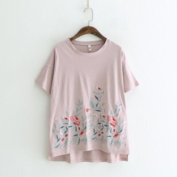 現貨+預購 短袖T恤圓領上衣-時尚花朵刺繡休閒女打底衫4色73sy34【獨家進口】【米蘭精品】