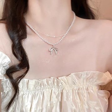 鈦鋼不掉色頸鍊 高級感輕奢碳鋼項鍊 女 甜酷辣妹風珍珠鎖骨鏈 小衆設計感珍珠吊墜 時尚百搭毛衣鏈 ins風夏日設計感項鍊