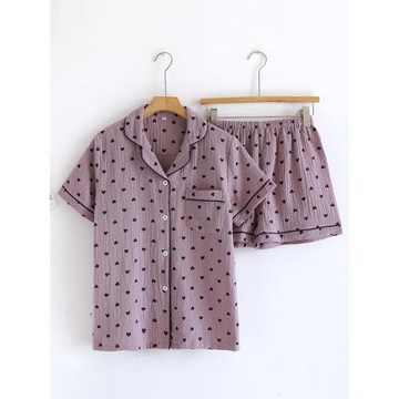 愛心睡衣女士夏季純棉紗布薄款寬松短袖短褲家居服套裝全棉可外穿