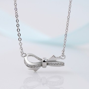 925純銀項鍊 鑲鑽吊墜-甜美蝴蝶結時尚百搭情人節生日禮物女飾品73jb33【獨家進口】【米蘭精品】