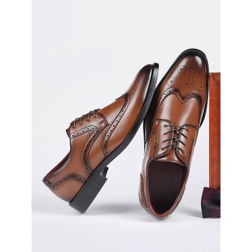 木根新款英倫風雕花布洛克皮鞋男士商務正裝真皮尖頭德比鞋內增高