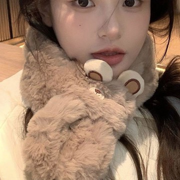 少女卡通交叉可爱围巾小熊冬季毛绒獭兔韩版围脖加厚学生保暖仿皮