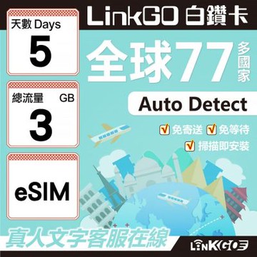 LINKGO白鑽卡 全球77國 eSIM卡 5天上網卡 總流量3GB(全球網卡 亞洲 歐洲 美洲 大洋洲 非洲)