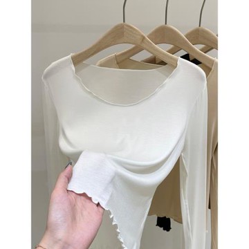 木耳邊長袖t恤女短款上衣早秋新款設計感小眾薄款內搭打底衫女潮