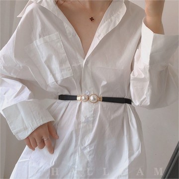 腰鏈腰帶腰帶女珍珠裝飾連衣裙對扣腰封掛帶松緊彈力細黑色配裙皮帶女【淘夢屋】