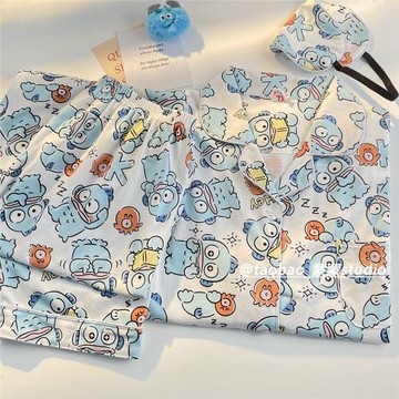 韓國ins丑魚人魚漢頓睡衣女春秋純棉長袖長褲卡通可愛網紅家居服