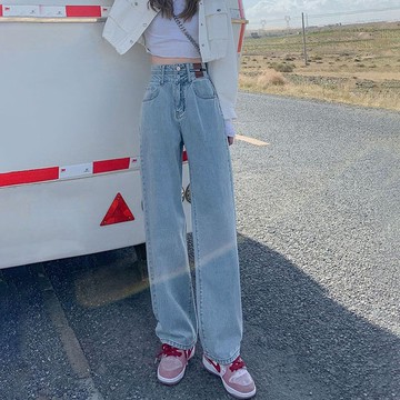 胖胖美依 長褲 熱褲  牛仔褲 S-2XL淺色闊腿牛仔褲春季高腰雙扣寬鬆垂感拖地直筒褲-7451.