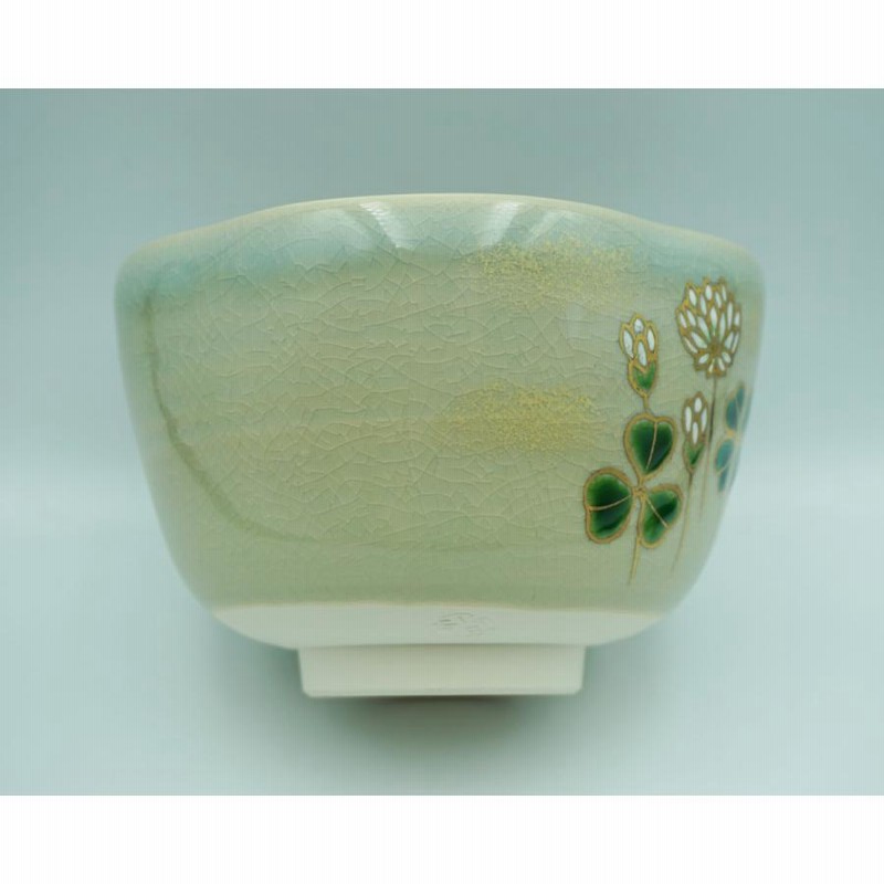 茶道具 茶碗 茶碗 色絵 四つ葉のクローバー 八木海峰 化粧箱