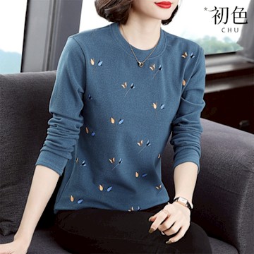 初色 休閒韓版大碼寬鬆遮肚顯瘦圖案印花圓領長袖打底T恤上衣女上衣-共3色-11408(M-4XL可選)