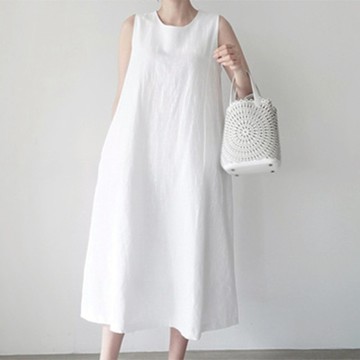 [米蘭精品] 洋裝無袖連身裙-棉麻寬鬆長款顯瘦女裙子2色74kf1