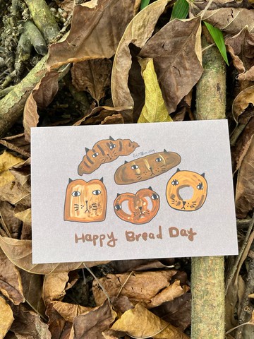原創設計法式牛角包法棍妖怪貓魔幻生日卡happy bread day