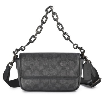 COACH CHARTER 18 滿版C LOGO PVC防水皮革鍊帶翻蓋斜背兩用包-黑灰色