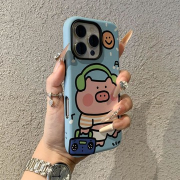 聽歌小豬適用蘋果17promax手機殼iPhone16pro卡通15pro女13可愛14