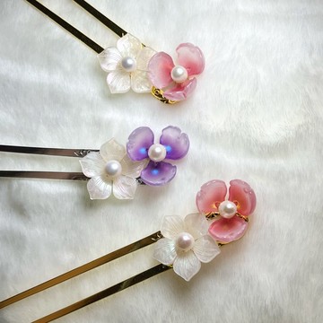桃粉、濃紫、粉金水罌粟桃花珍珠髮簪 ‧ 一物一圖 ‧
