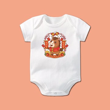 喜氣福馬 嬰兒短袖包屁衣 純棉舒適好運來 萌趣祥馬 寶寶短袖