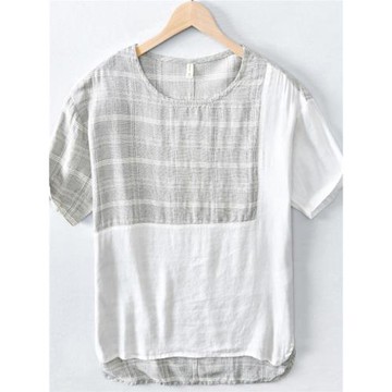 竹纖維亞麻短袖t恤男寬松大碼潮流時尚拼接格子上衣棉麻半袖體恤