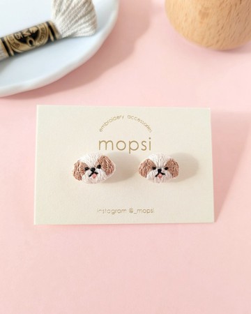 西施犬造型刺繡耳環/耳夾
