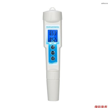五合一pH計 多功能測試計 鹽度測試儀 可測pH酸鹼度+TDS溶解度+EC電導率+鹽度+溫度 藍色背光 不帶電池出貨
