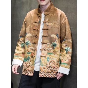 春秋季中國風唐裝男士青年中山裝立領盤扣印花漢服新中式夾克外套