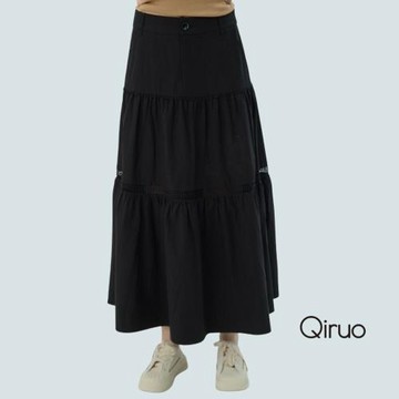 【Qiruo 奇若】秋冬專櫃黑色長裙7240B 時髦拼接造型