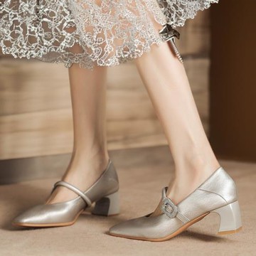 2024春季新款黑色一字帶瑪麗珍鞋小香風方頭粗跟高跟鞋中跟鞋單鞋