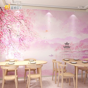 3D北歐浪漫櫻花墻紙客廳臥室茶室餐廳民宿桃花漢服換裝館古風壁紙