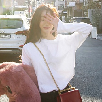 白色純棉長袖T恤上衣女早春新款季內搭加絨打底衫ins潮牌