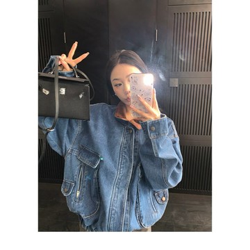 【RICECAKE & OISIS】美式復古 撞色做舊 翻領牛仔外套 短款 高級感 百搭 夾克 女