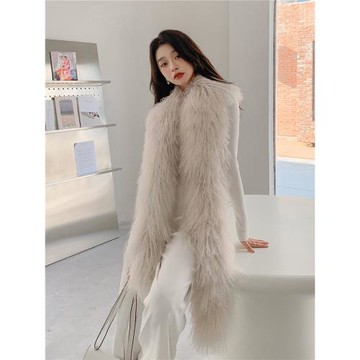 韓國品質灘羊毛長圍巾冬季加厚保暖雙面整皮皮草長圍巾真毛毛圍脖