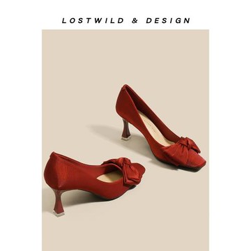 LOSTWILD真皮紅色秀禾婚紗兩穿高跟鞋女2025新款夏季淺口方頭單鞋