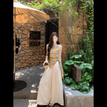 韓系新款時尚套裝復古格子不規則吊帶背心女夏季杏色闊腿褲兩件套