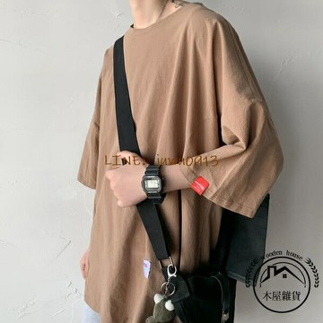 美式復古短袖T恤男潮流百搭寬版七分袖夏季衣服潮流男裝【木屋雜貨】