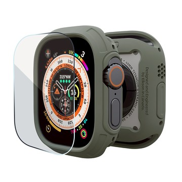 加拿大elkson Apple Watch Ultra 49mm Quattro Max軍規保護殼＋保護貼套組（附貼膜神器）-炭綠_廠商直送