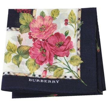 BURBERRY 盛開玫瑰字母LOGO圖騰格紋滾邊帕領巾(米白/深藍)