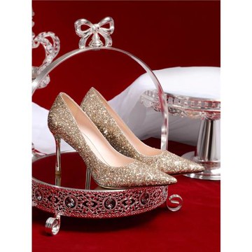 主婚紗秀禾兩穿新娘水晶晚禮服不累腳高跟婚鞋女細跟尖頭優雅氣質