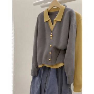 慵懶風早秋穿搭假兩件撞色polo針織衫毛衣小香風灰色女士外套上衣