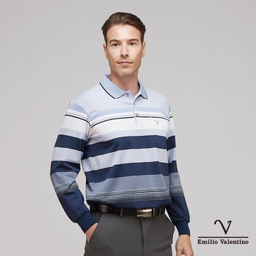 【Emilio Valentino范倫鐵諾】男裝彈性吸排薄長袖POLO衫_藍/白(15-3V7956)