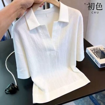 初色 法式休閒風純色V領五分袖短袖寬鬆T恤上衣女上衣-白色-52356(M-XL可選)