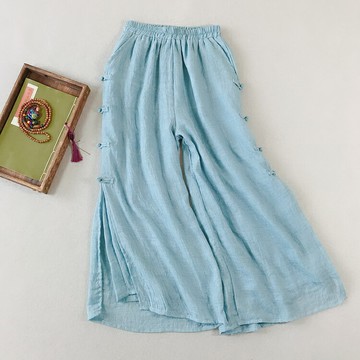 中國風復古盤扣雙層棉麻闊腿褲女夏裝松緊腰休閑溫柔風九分瑜伽褲
