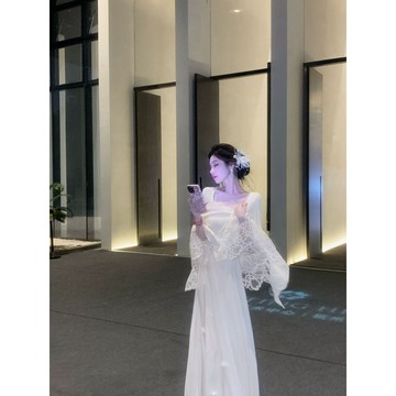 【桃喜Rich女裝】白色洋裝 海邊度假長洋 白月光洋裝 京洛佳人立體花朵溫柔長袖連衣裙+白色開衫套裝 宴會洋裝 名媛洋裝