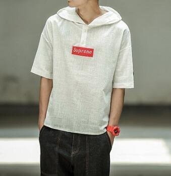 FINDSENSE MD 日系 潮 男 時尚 寬鬆 連帽字母刺繡 五分褲大碼 短袖T恤 特色短T 學生T恤