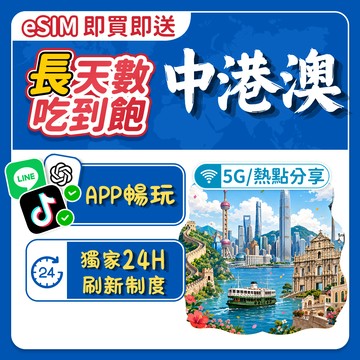 【飛網科技】中港澳 中國大陸 香港 澳門 eSIM 通用 吃到飽高速無限 免翻牆 免開通 免插卡 上網卡 網路 長途