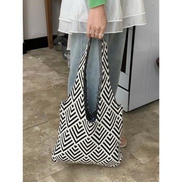 UR鐘姐鐘楚曦同款托特包女式針織條紋大容量單肩包手提通勤編織包