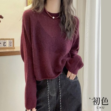 初色 圓領輕薄長袖純色針織毛衣上衣女上衣-紅紫色-38368(F可選)